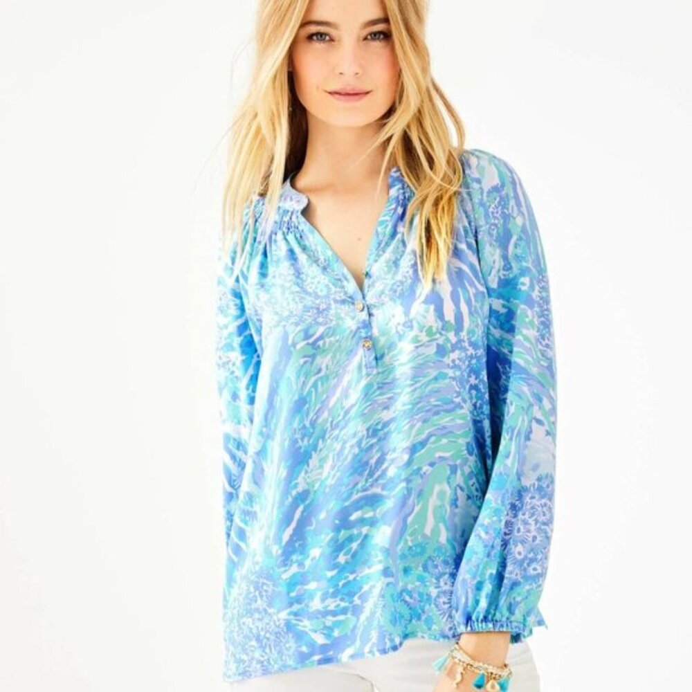 Lilly Pulitzer 100% Silk Elsa Blouse Shirt Top Blue Haven